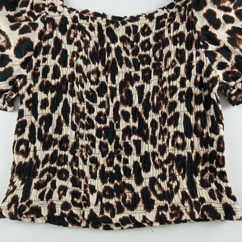 Monteau Puff Sleeve Smocked Crop Top Women's Size XL Leopard Print Linen Blend - Picture 6 of 8